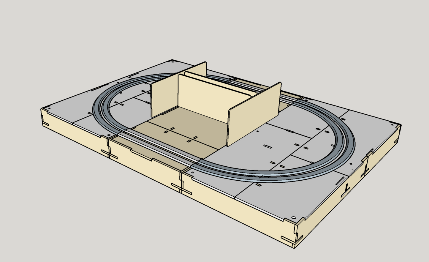 A digital rendering of a Personal N Scale Layout using T-TRAK modules, showing a double track oval configuration.