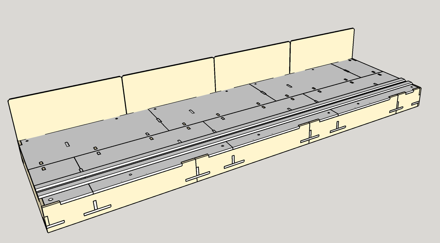 Technical drawing of a T-TRAK quadruple straight module, showing included skyboards and fully assembly details.
