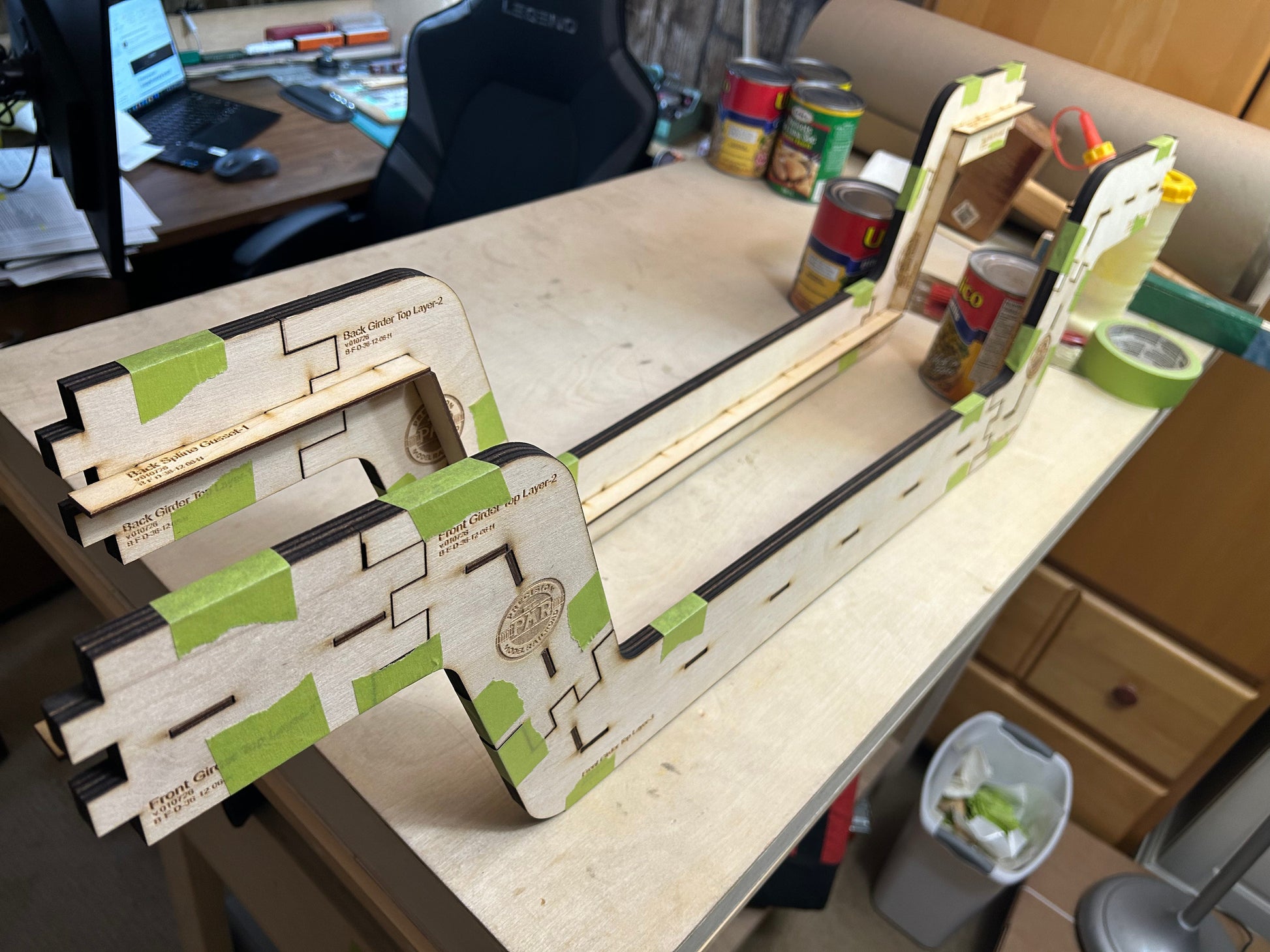 Two main depressed girders along with spline gussets are ready for joists.