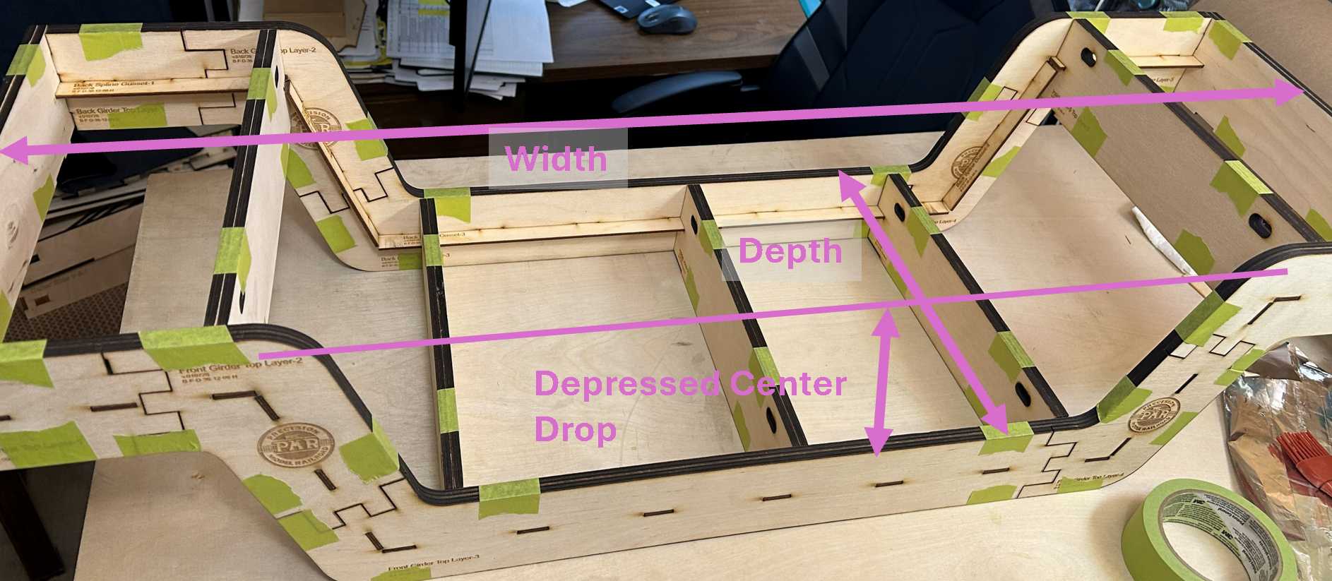Precision Model Railroad depressed center frame annotated dimensions.