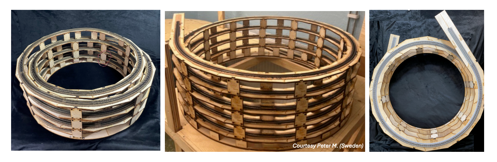 3 images illustrating model train helix kits once completed.  First image is the Double Helix from the double helix model train kit.  Second image is a customer completed n scale single track helix.  Third image is a top down model train helix (n scale) view.