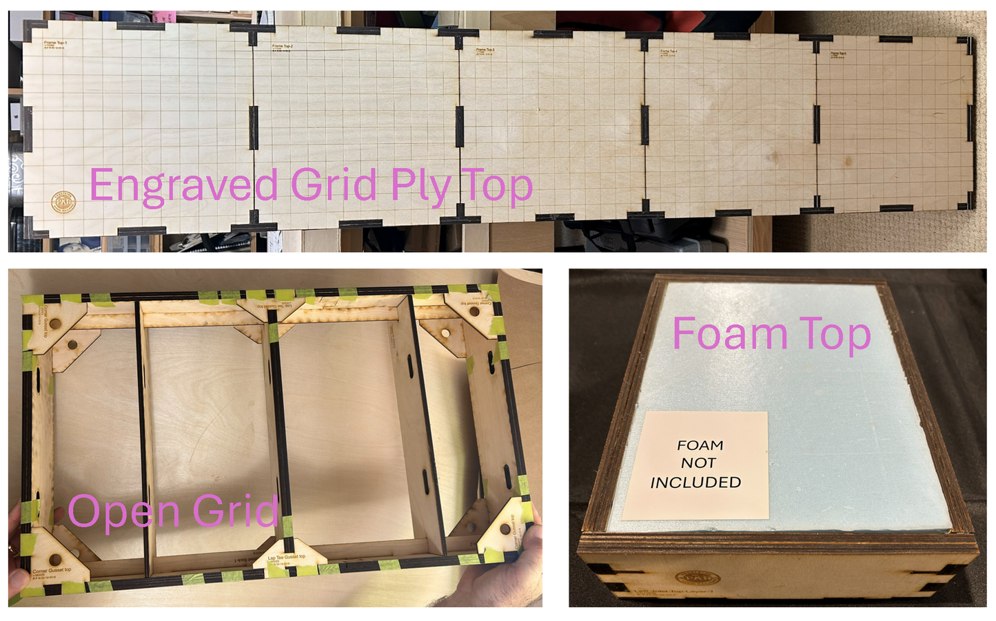 Benchwork frame top variations include Engraved Grid Ply Top, Open Grid Top and 1 inch Foam Ready Top.