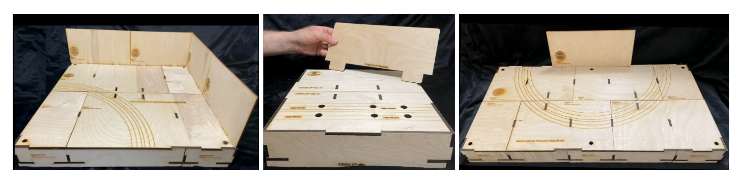 A collection of model train benchwork kit product images for T-TRAK modules